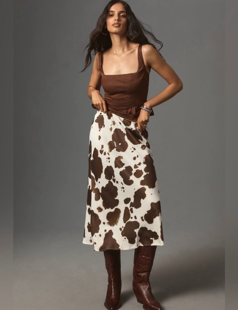 Anthropologie Cow Print Satin Slip Skirt Trendy Size M